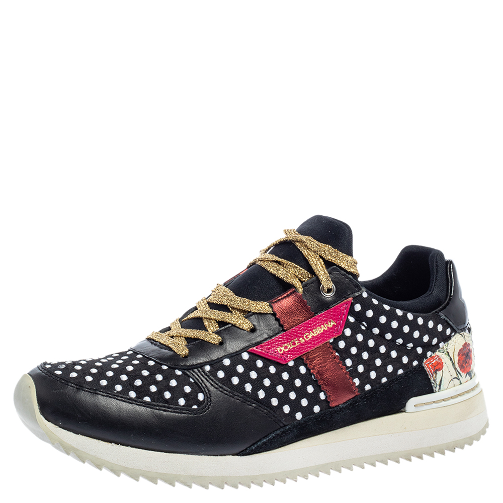 Pre-owned Dolce & Gabbana Multicolor Leather, Fabric And Suede Polka Dot Sneakers Size 37.5
