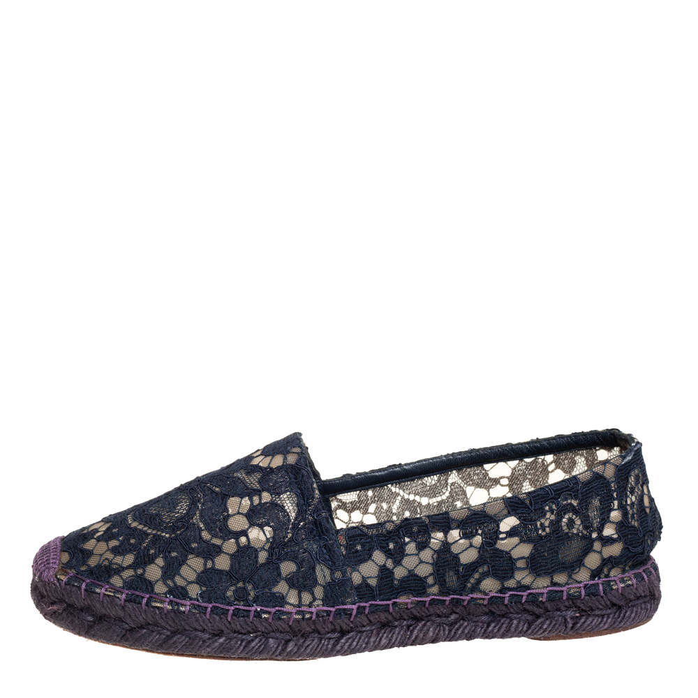 

Dolce & Gabbana Blue Floral Lace Espadrille Flats Size