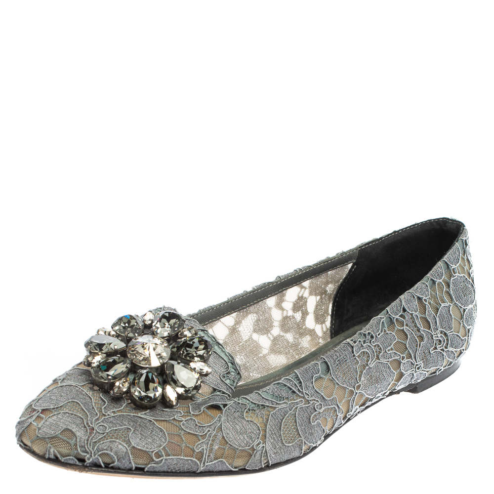 Pre-owned Dolce & Gabbana Grey Lace Crystal Embellished Taormina Ballet Flats Size 39.5