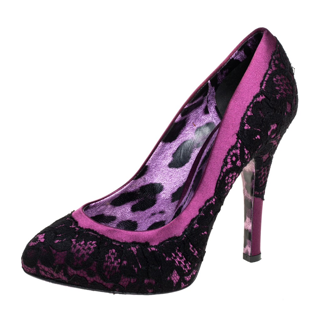 Pre-owned Dolce & Gabbana Purple/black Floral Lace And Satin Platform Pumps Size 37