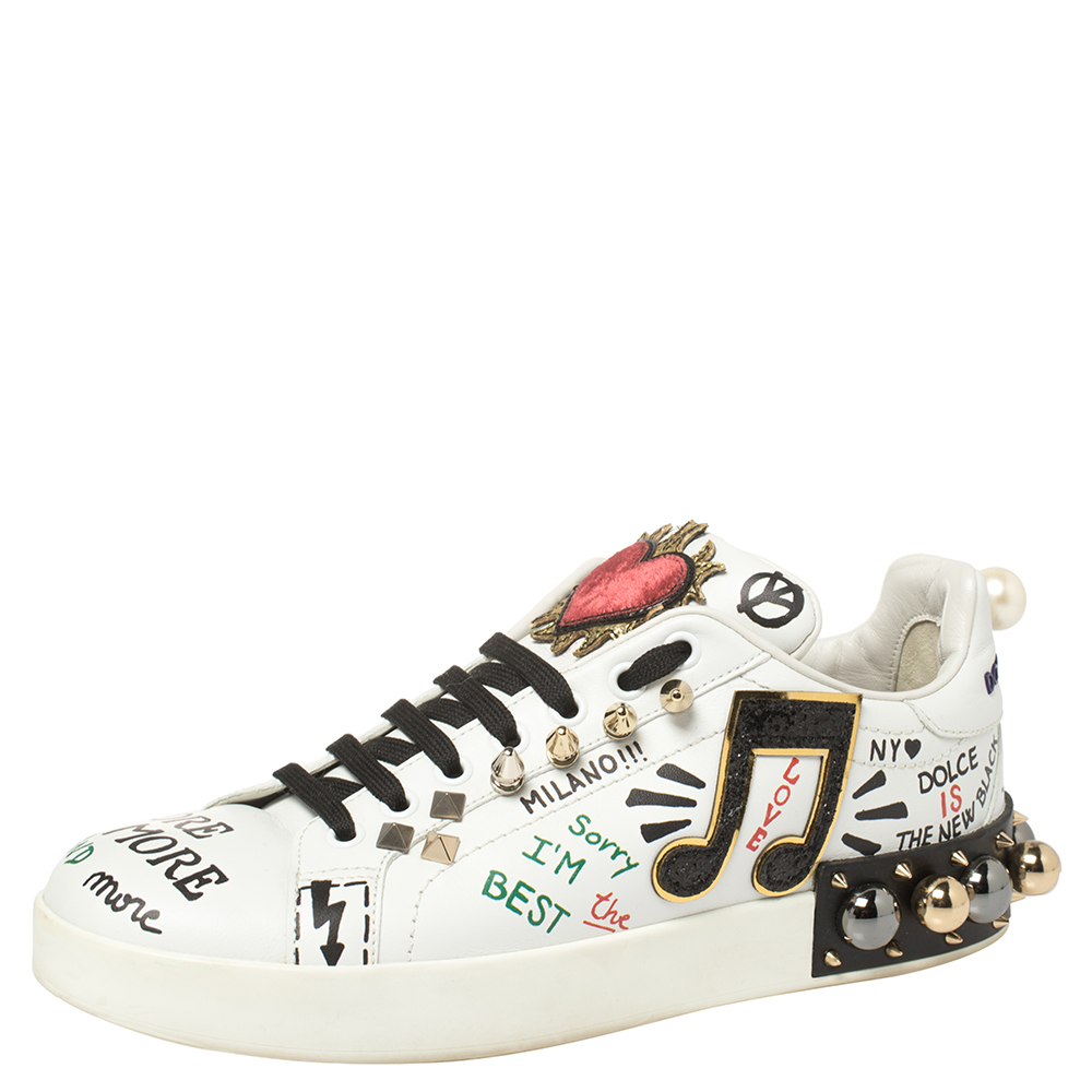 Pre-owned Dolce & Gabbana White Leather Portofino With Patch And Embroidery Low Top Trainers Size 39