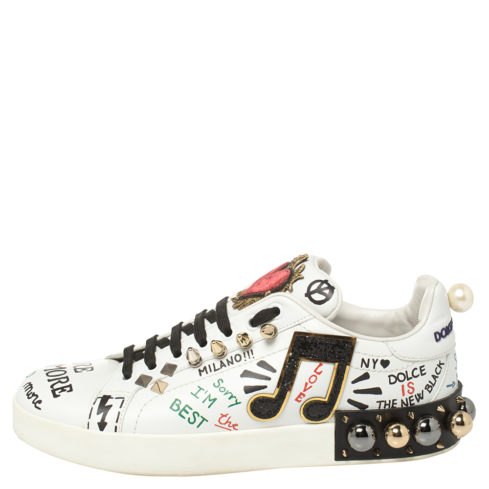 

Dolce & Gabbana White Leather Portofino With Patch and Embroidery Low Top Sneakers Size