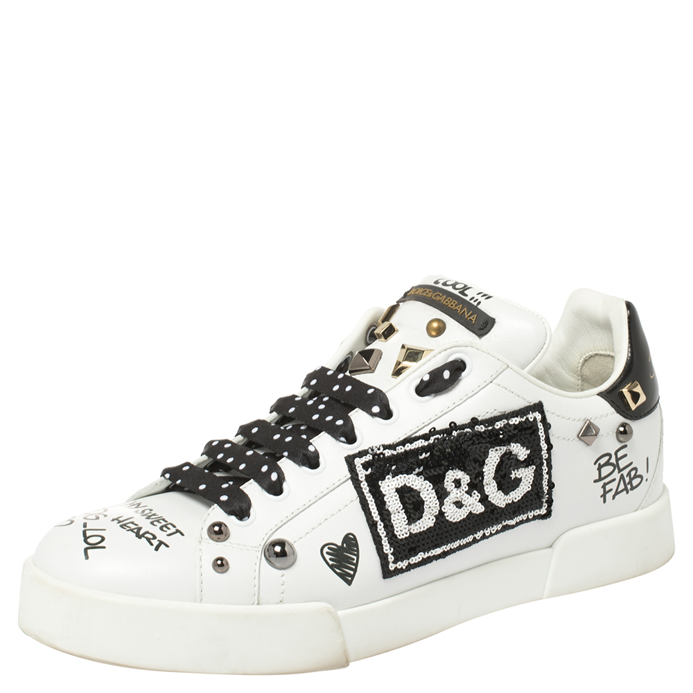 Pre-owned Dolce & Gabbana Black/white Leather Portofino With Patch And Embroidery Low Top Sneakers Size 39