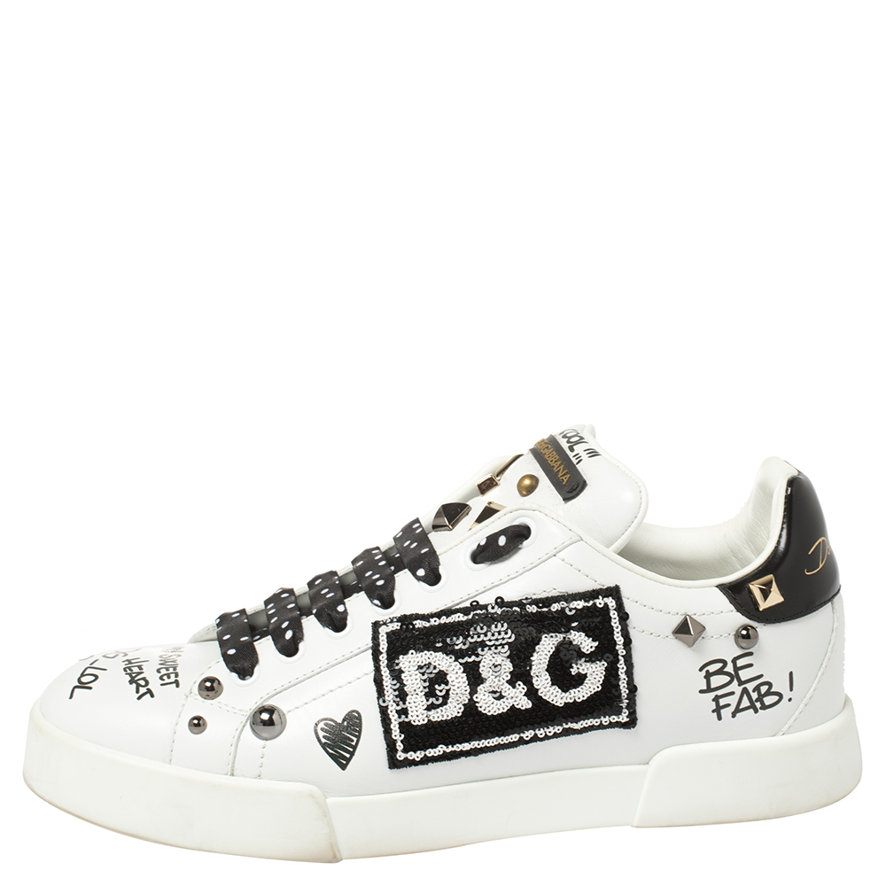 

Dolce & Gabbana Black/White Leather Portofino With Patch And Embroidery Low Top Sneakers Size