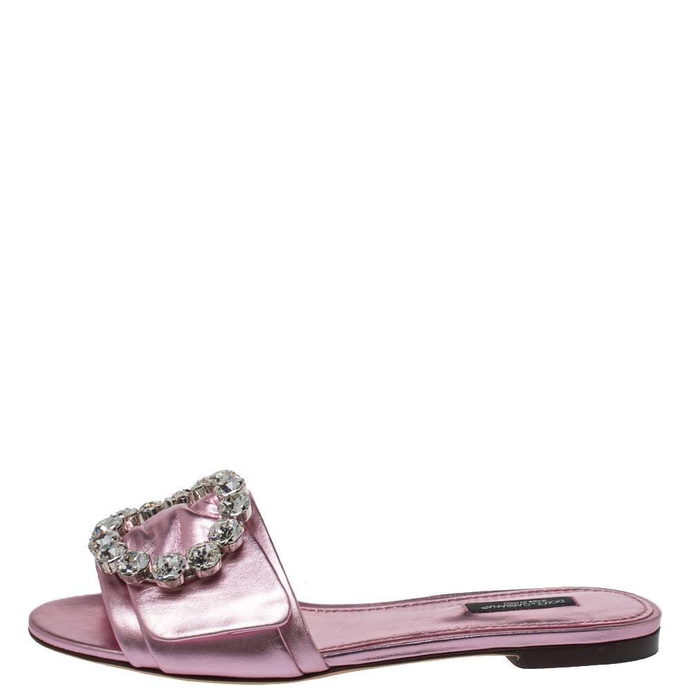 

Dolce & Gabbana Metallic Pink Leather Embellished Flat Slides Size