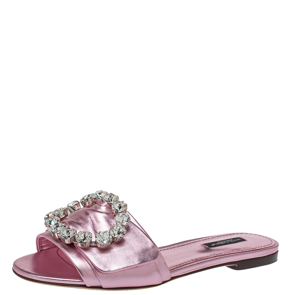 Pre-owned Dolce & Gabbana Metallic Pink Leather Embellished Flat Slides Size 38