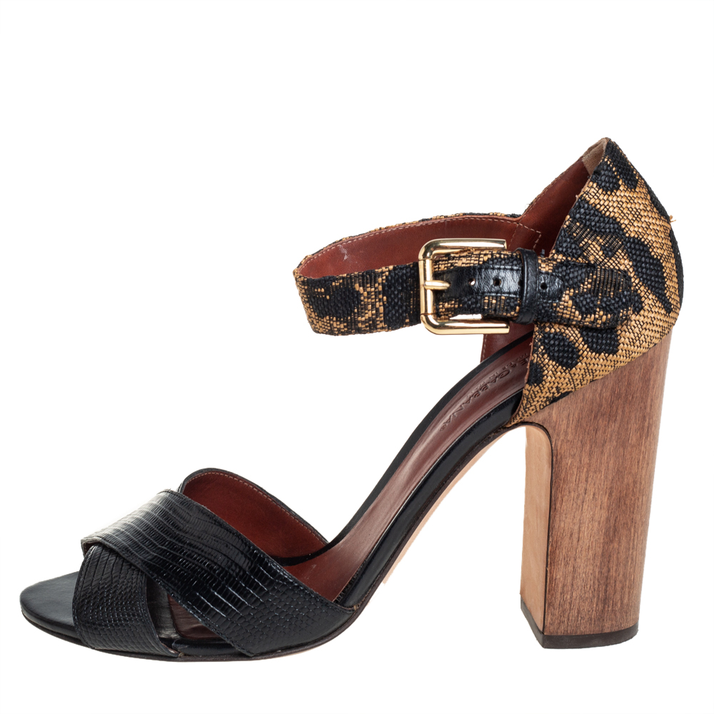 

Dolce & Gabbana Black/Brown Leopard Print Fabric And Leather Ankle Strap Sandals Size