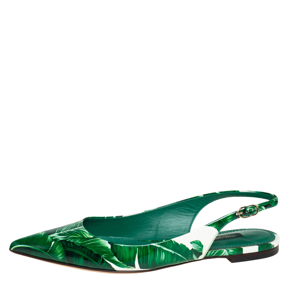 

Dolce & Gabbana Green/White Banana Leaf-Print Patent Leather Slingback Flats Size