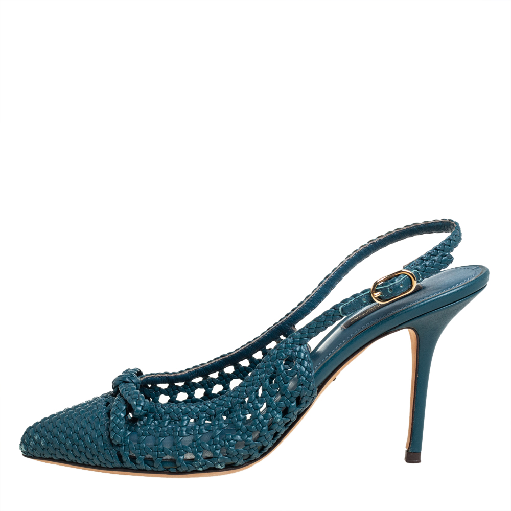 

Dolce & Gabbana Blue Woven Leather Bellucci Slingback Sandals Size