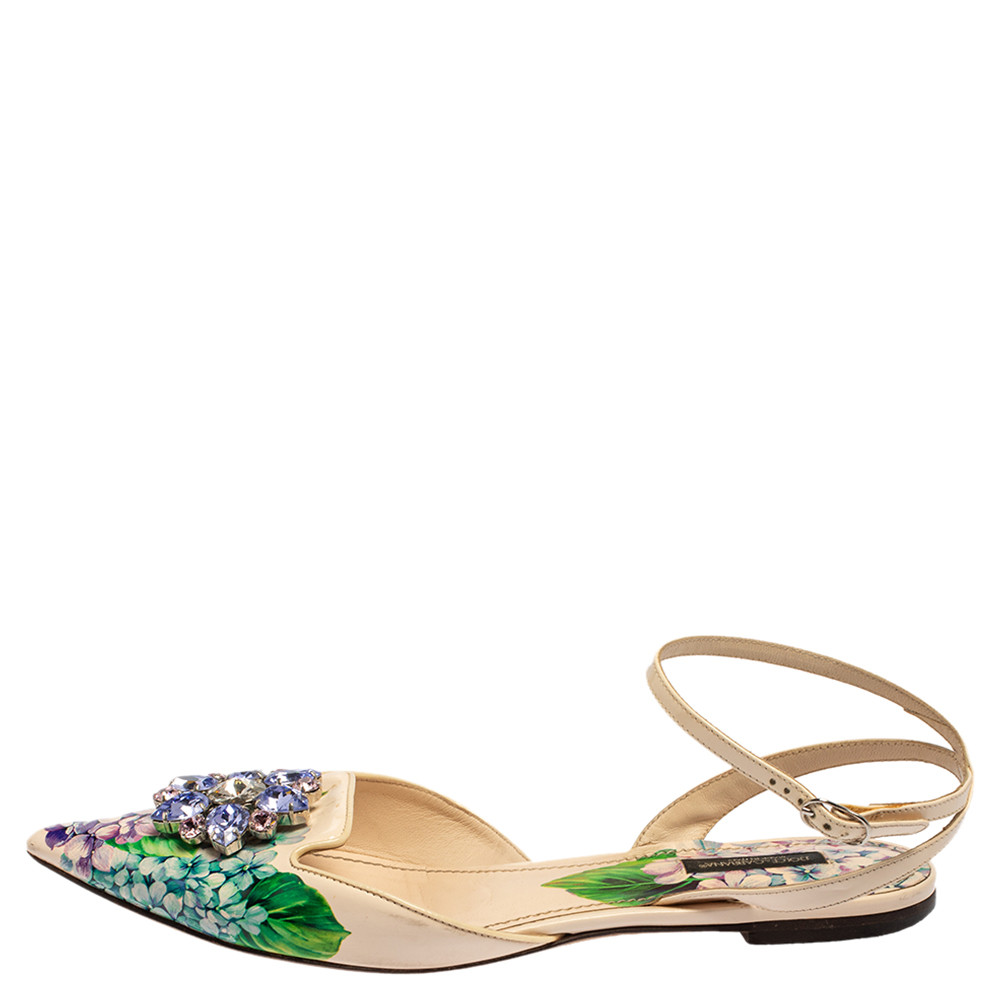 

Dolce & Gabbana Multicolor Floral Print Patent Leather Crystal-Embellished Ankle-Strap Flats Size