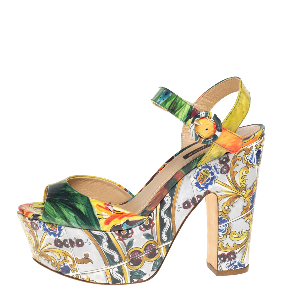 

Dolce & Gabbana Multicolor Printed Patent Leather Platform Ankle Strap Sandals Size