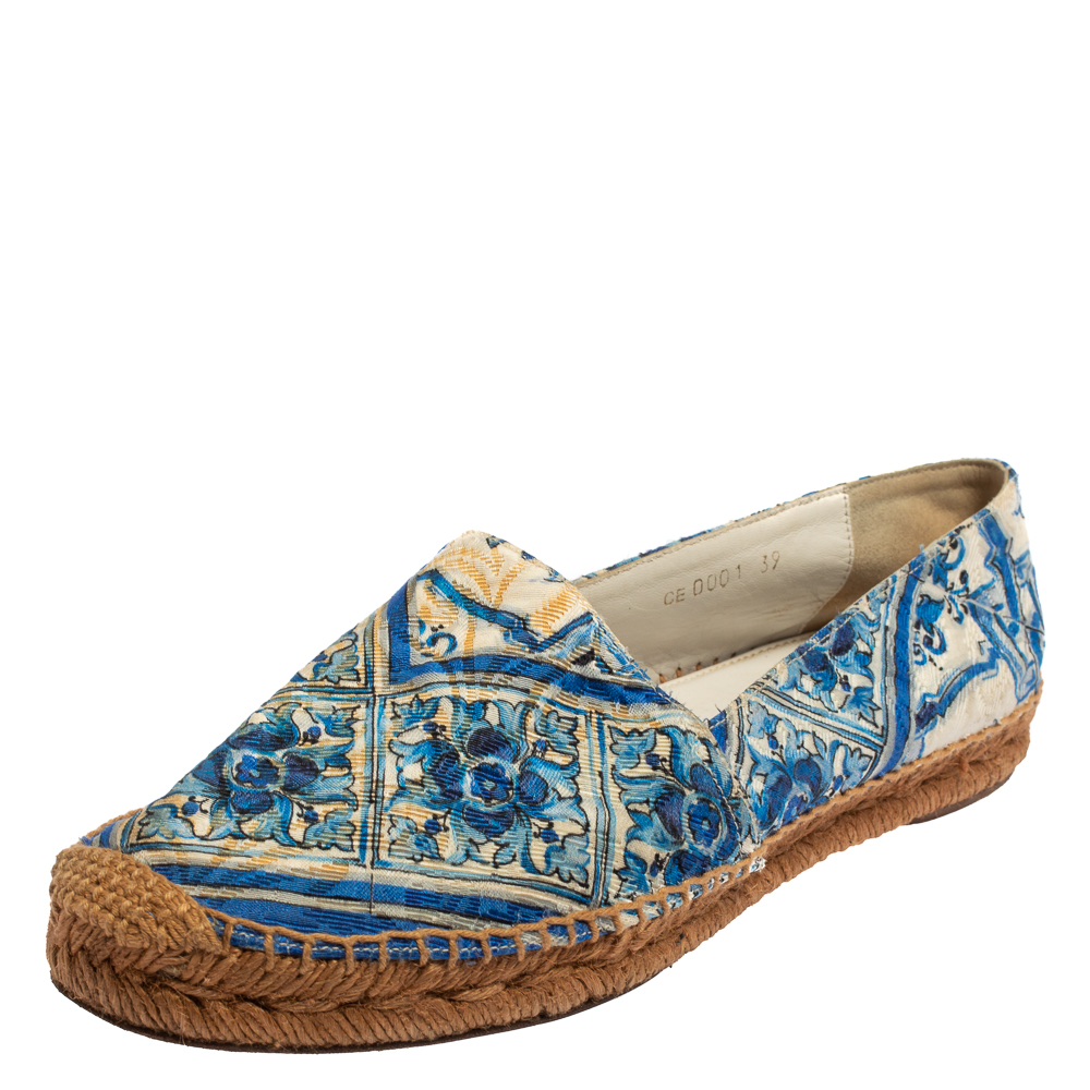Pre-owned Dolce & Gabbana Blue/white Printed Brocade Fabric Espadrilles Size 39