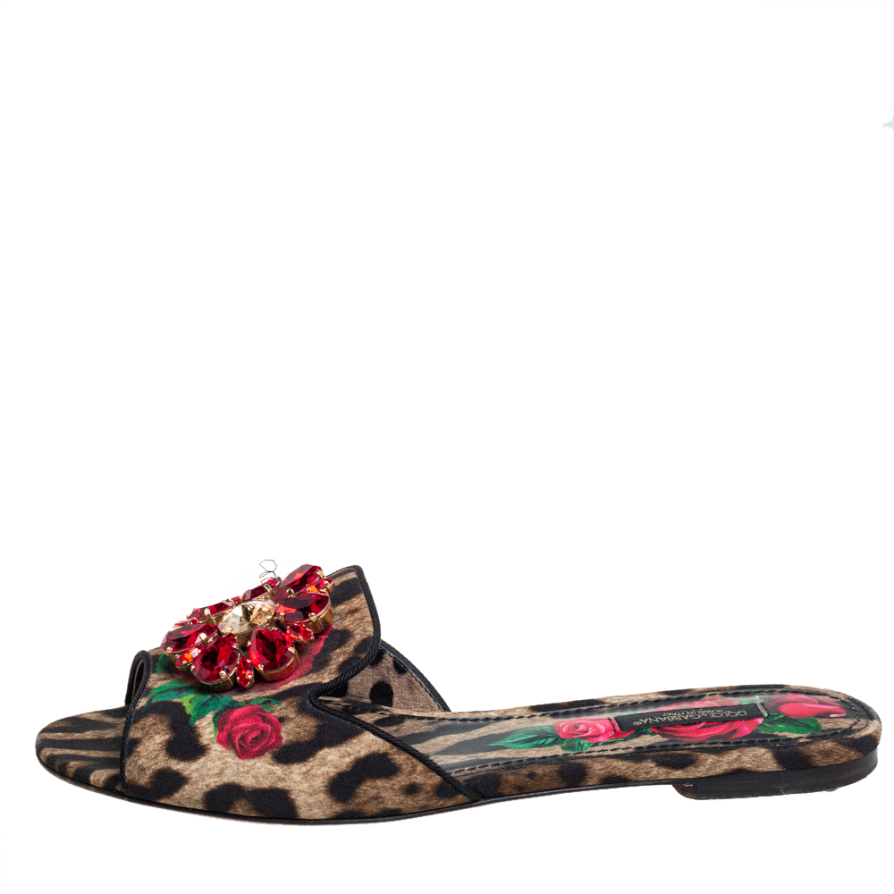 

Dolce & Gabbana Brown Leopard And Floral Print Canvas Crystal Embellished Slip On Mules Sandals Size