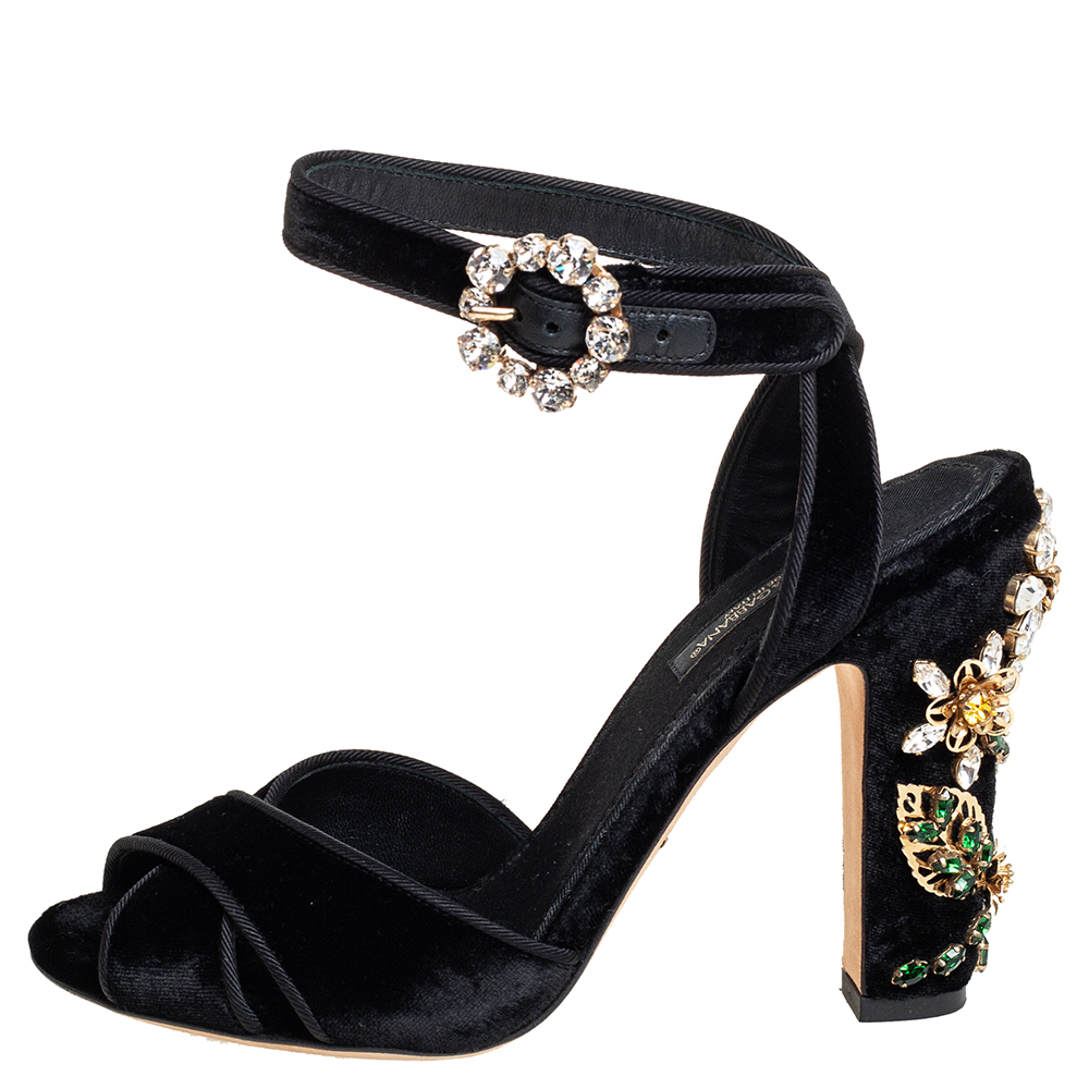 

Dolce & Gabbana Black Velvet Crystal Embellishment Heel Ankle Strap Sandals Size