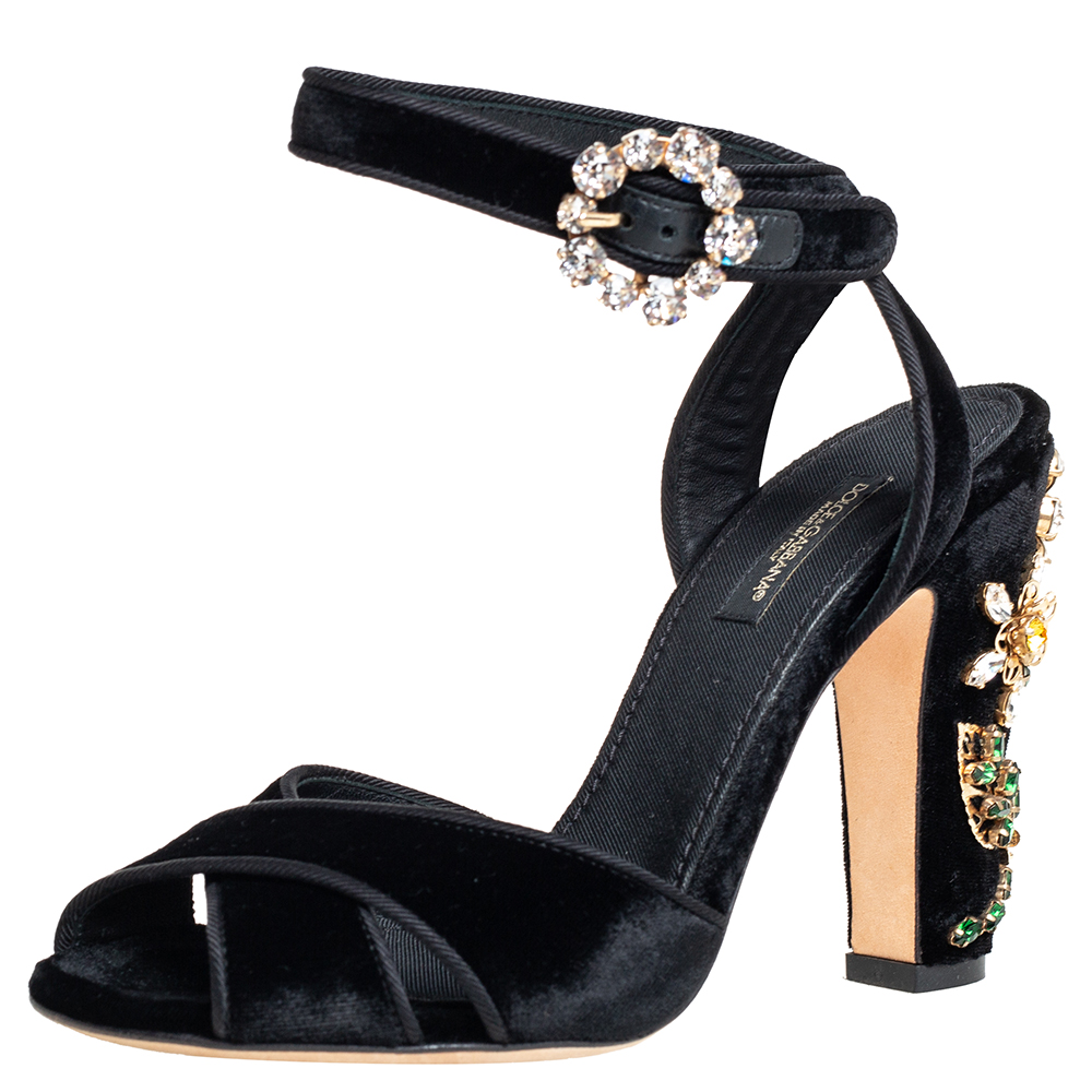 Pre-owned Dolce & Gabbana Black Velvet Crystal Embellishment Heel Ankle Strap Sandals Size 36