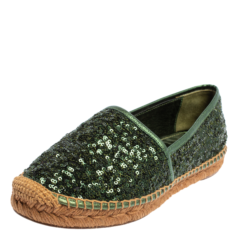 Pre-owned Dolce & Gabbana Green Sequin Flat Espadrilles Size 37