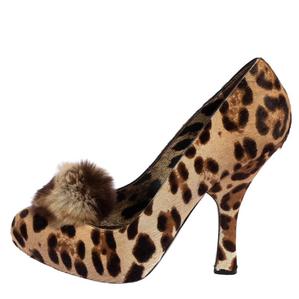 

Dolce & Gabbana Leopard Print Pony Hair Pom Pom Pumps Size, Brown