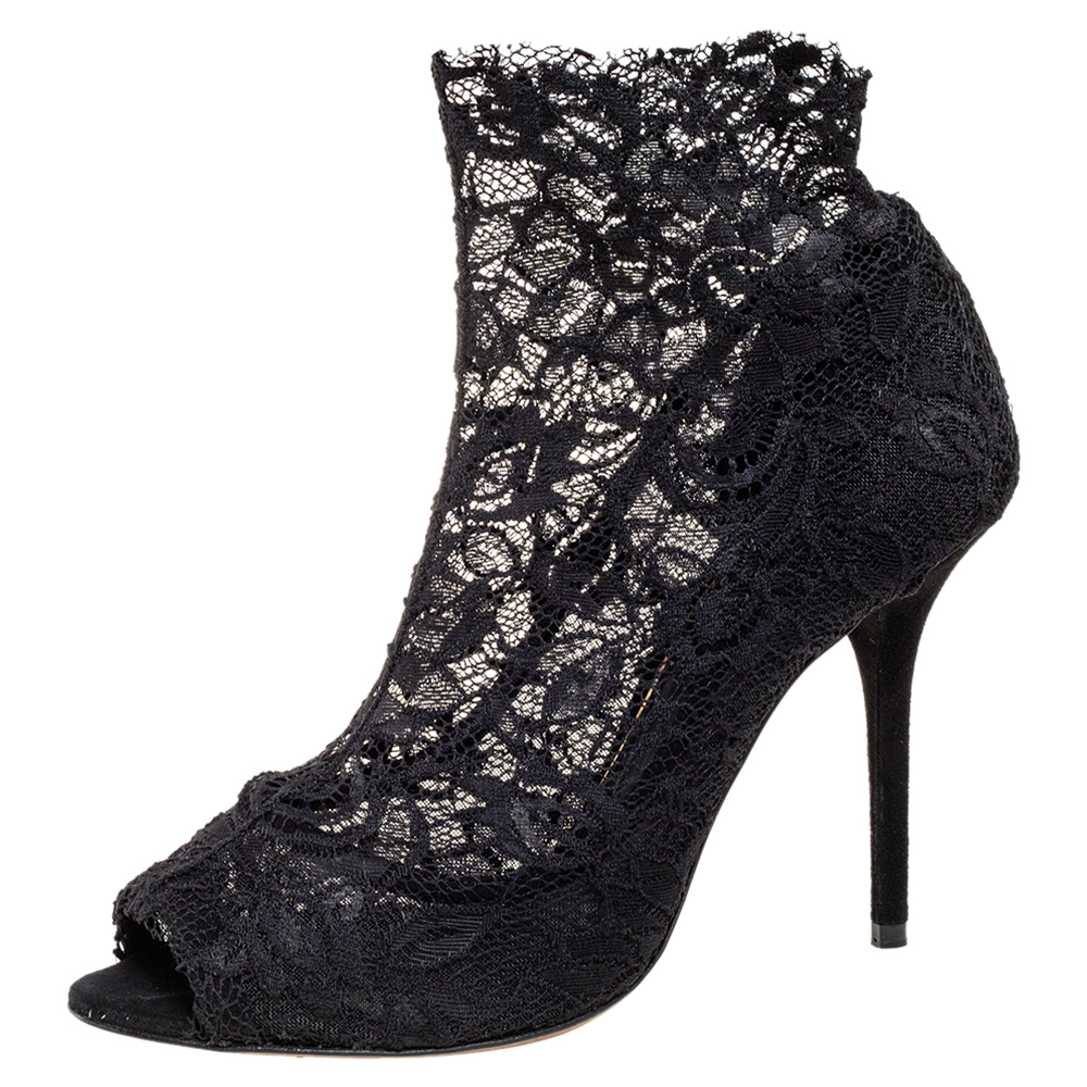 Pre-owned Dolce & Gabbana Black Lace Peep Toe Boots Size 41