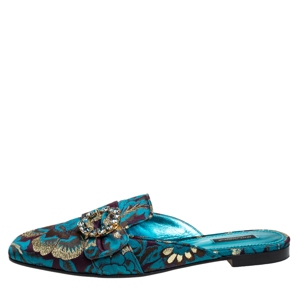 

Dolce & Gabbana Blue Printed Brocade Fabric Crystal Embellished Mules Size