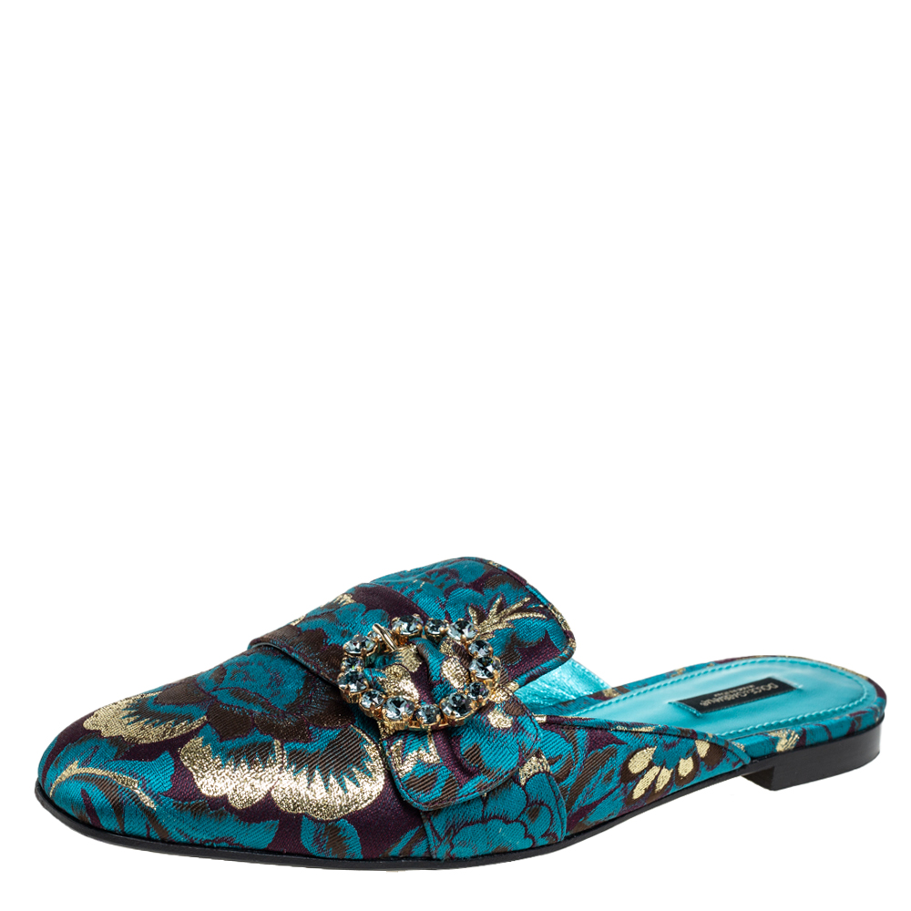 Pre-owned Dolce & Gabbana Blue Printed Brocade Fabric Crystal Embellished Mules Size 41