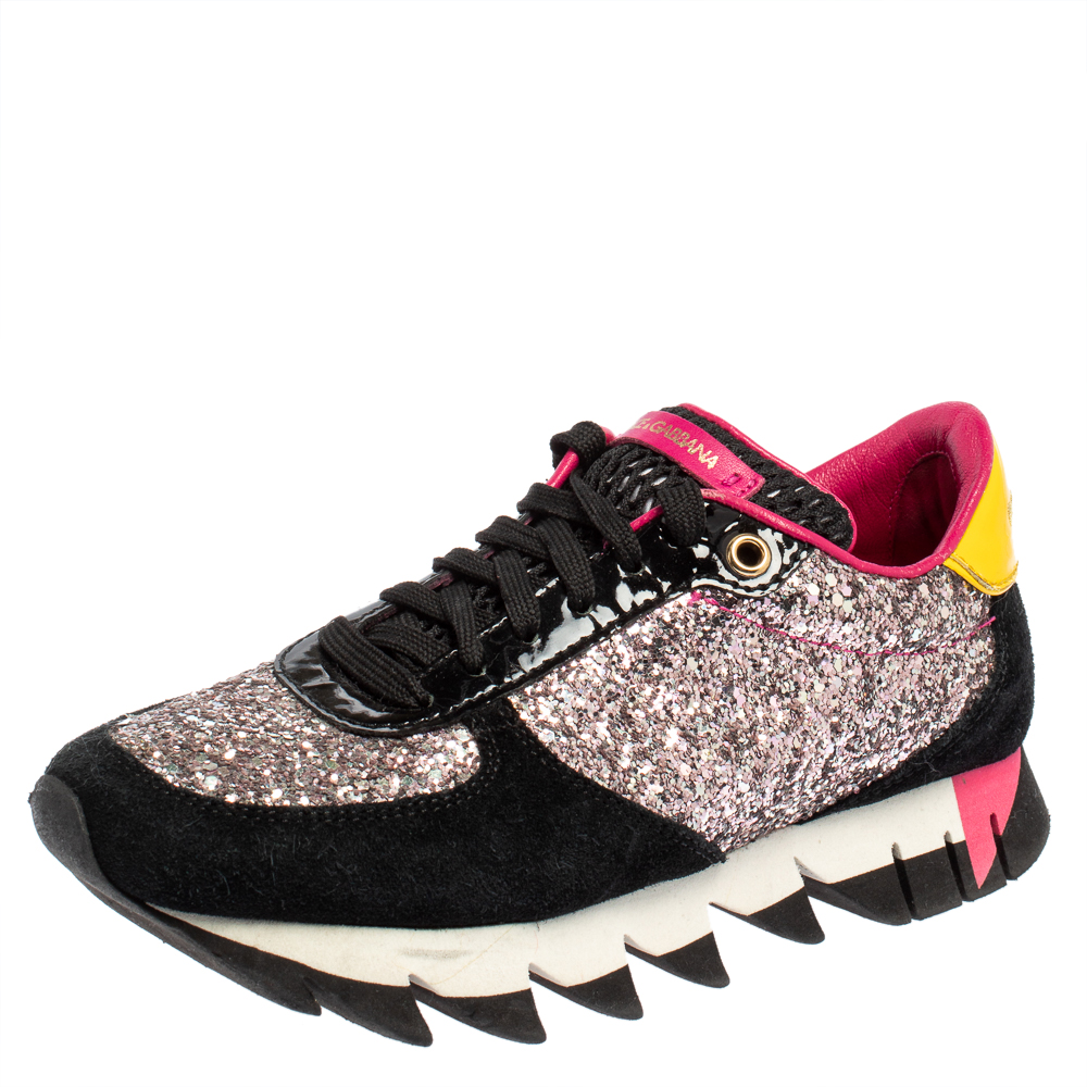 Pre-owned Dolce & Gabbana Multicolor Suede, Coarse Glitter And Patent Low Top Sneakers Size 35 In Black