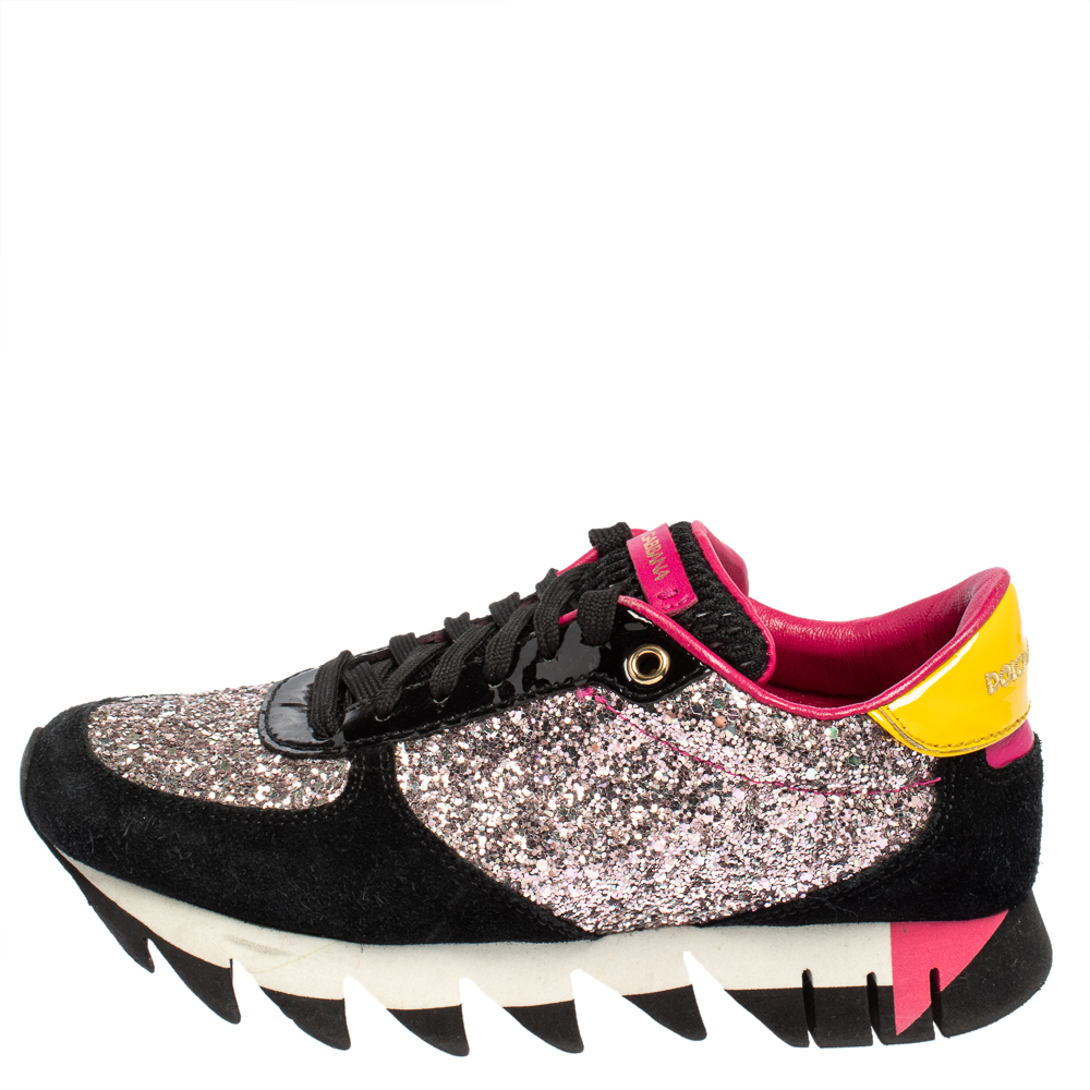 

Dolce & Gabbana Multicolor Suede, Coarse Glitter And Patent Low Top Sneakers Size, Black