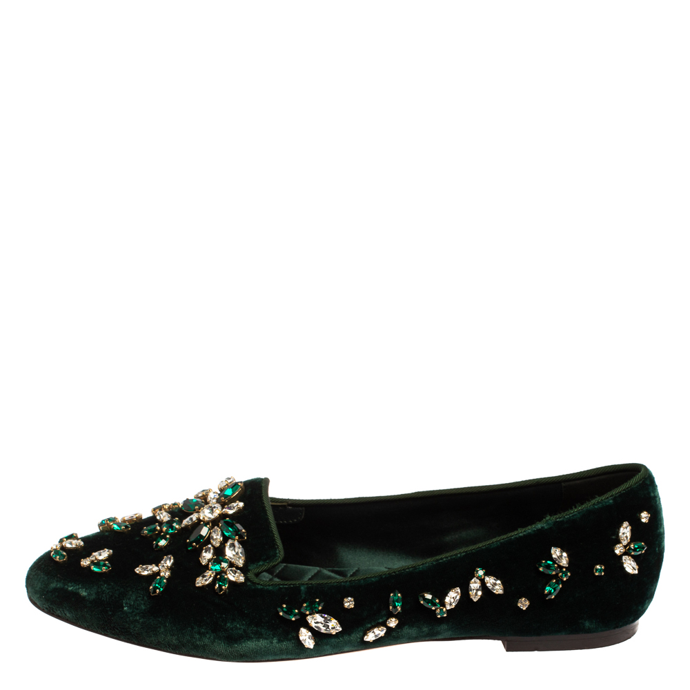 

Dolce & Gabbana Green Velvet Crystal Velvet Loafers Size