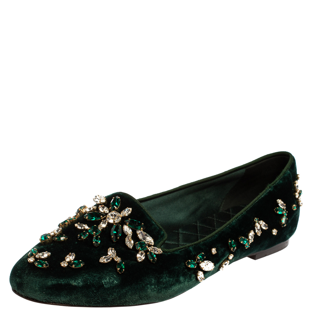 Pre-owned Dolce & Gabbana Green Velvet Crystal Velvet Loafers Size 38