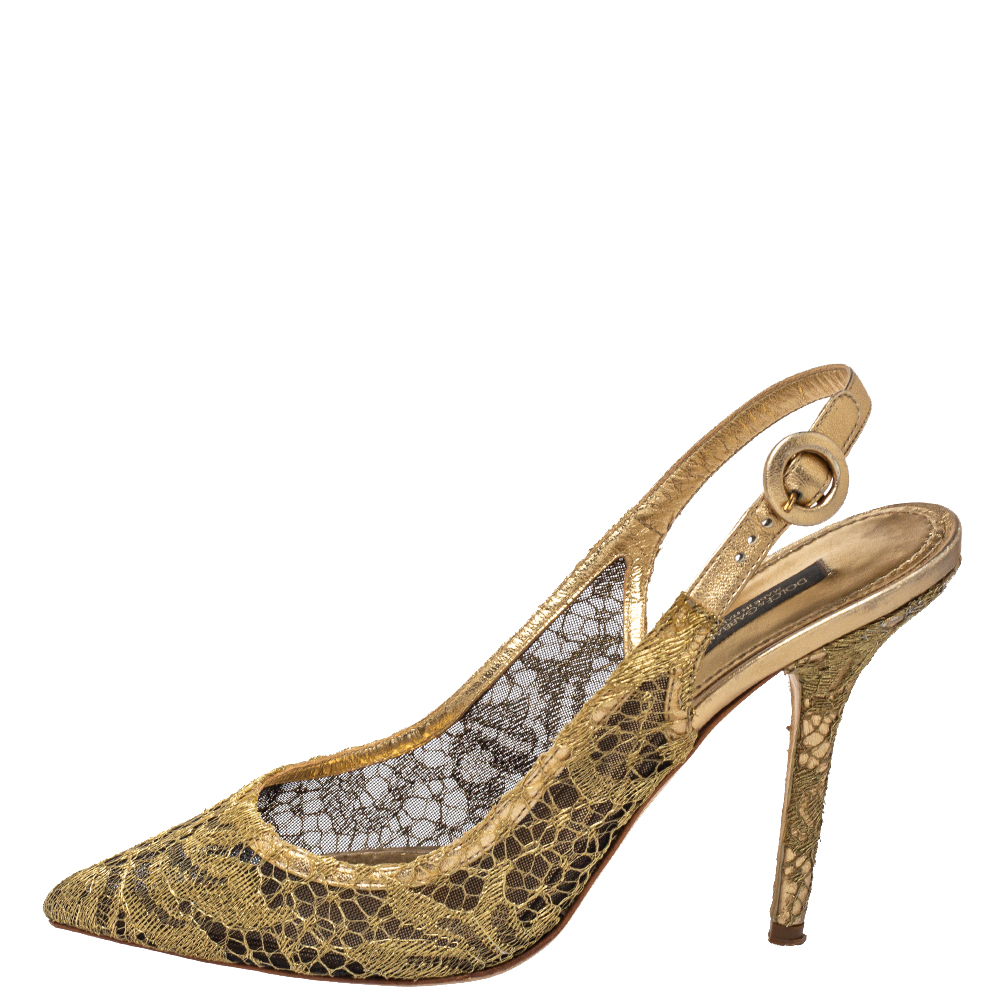 

Dolce & Gabbana Gold Lace Slingback Sandals Size