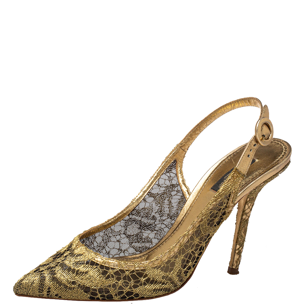 Pre-owned Dolce & Gabbana Gold Lace Slingback Sandals Size 39