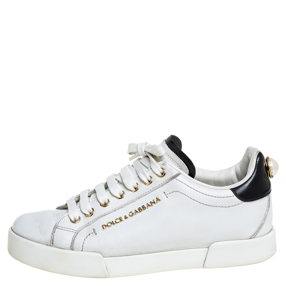 

Dolce & Gabbana White/Black Leather Portofino Pearl Embellished Low Top Sneakers Size