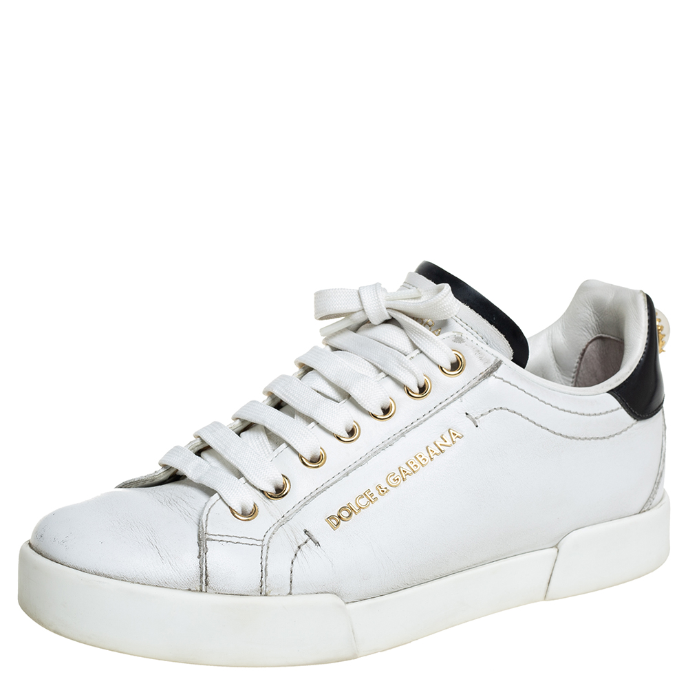 Pre-owned Dolce & Gabbana White/black Leather Portofino Pearl Embellished Low Top Trainers Size 37