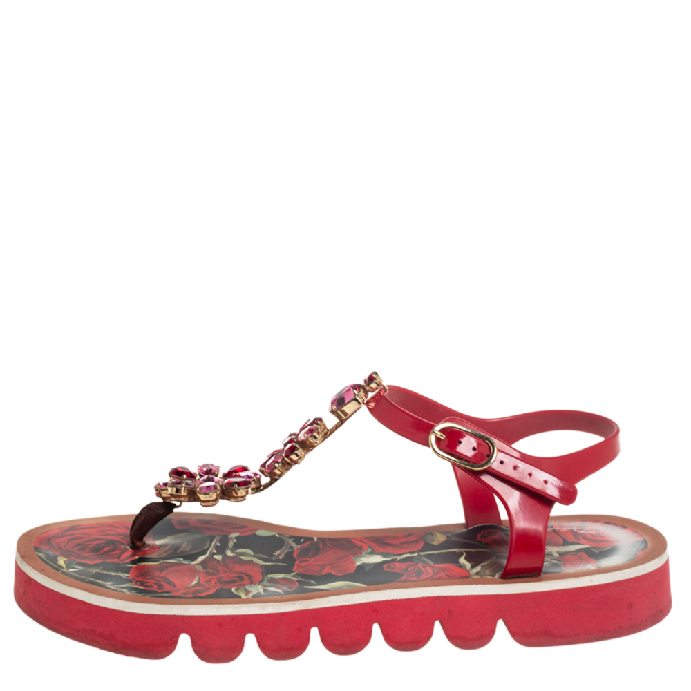 

Dolce & Gabbana Red Jelly Crystal Embellished Thong Flat Sandals Size