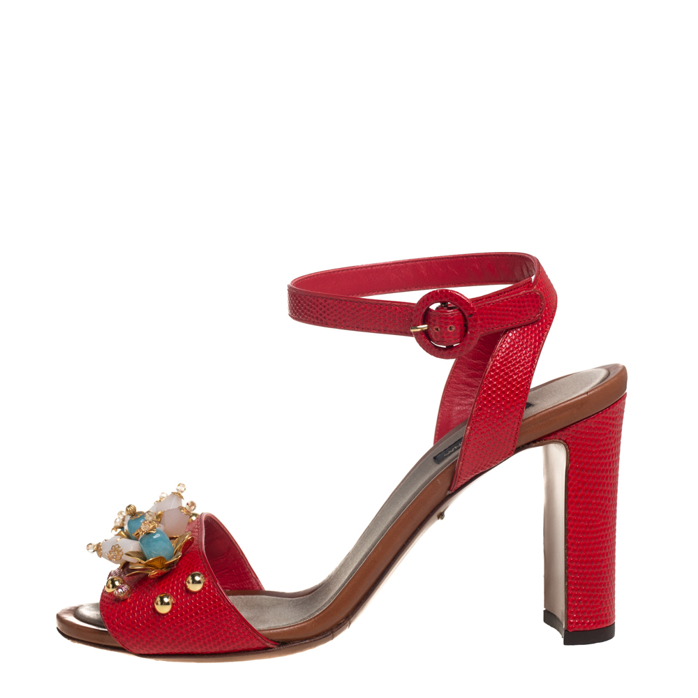 

Dolce & Gabbana Red Lizard Embossed Leather Embellished Ankle Strap Sandals Size