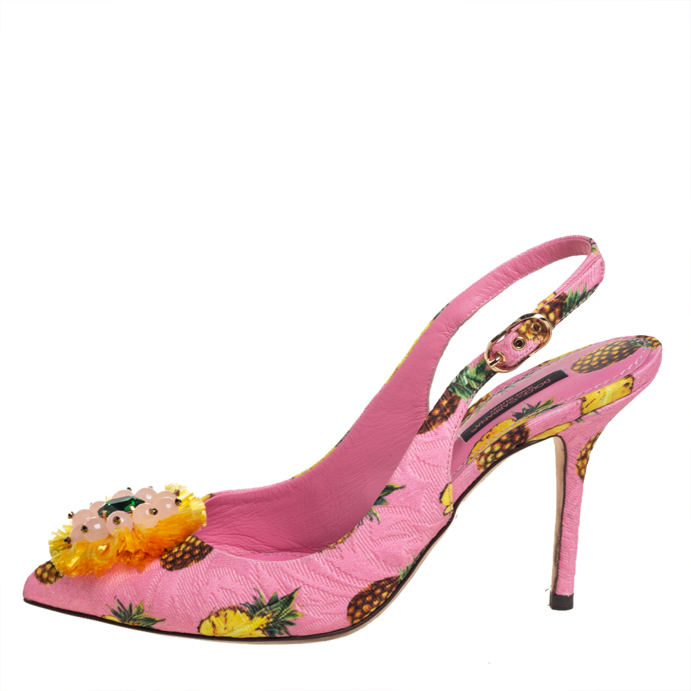 

Dolce & Gabbana Pink Canvas Embellishment Bow Slingback Sandals Size