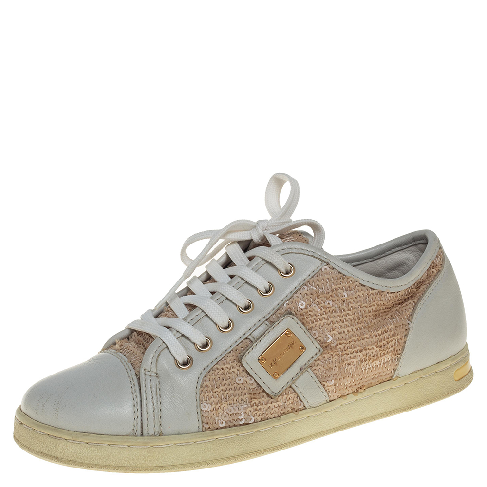 

Dolce &Gabbana White/Brown Leather Sequin Embellished Sneakers Size