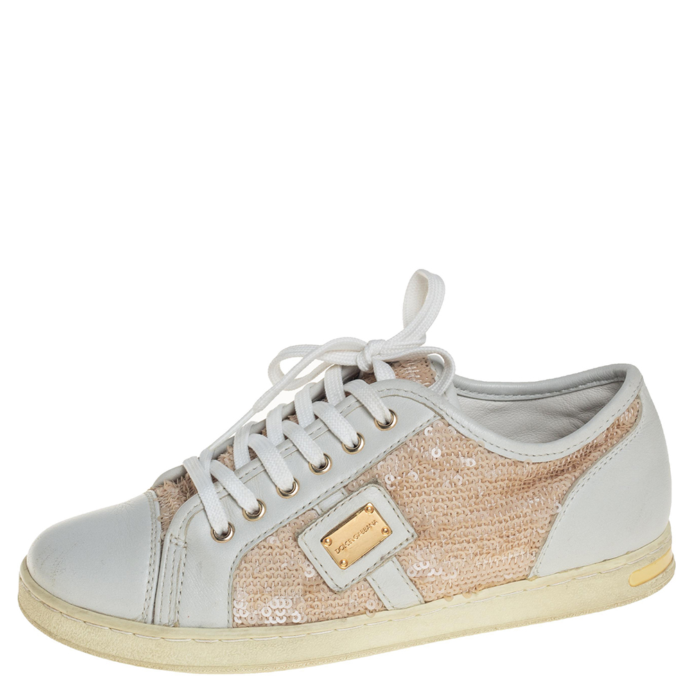 Dolce &Gabbana White/Brown Leather Sequin Embellished Sneakers Size