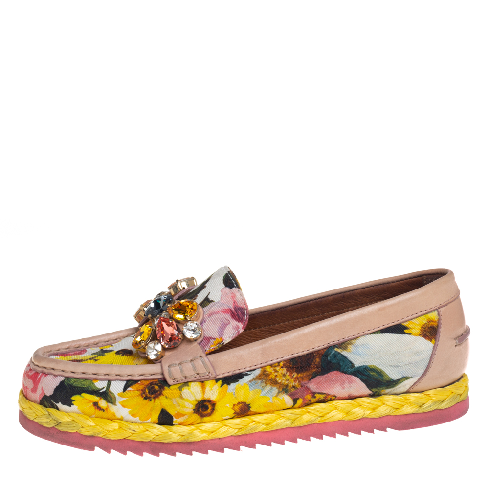 

Dolce & Gabbana Multicolor Brocade Fabric And Leather Crystal Embellished Loafers Size