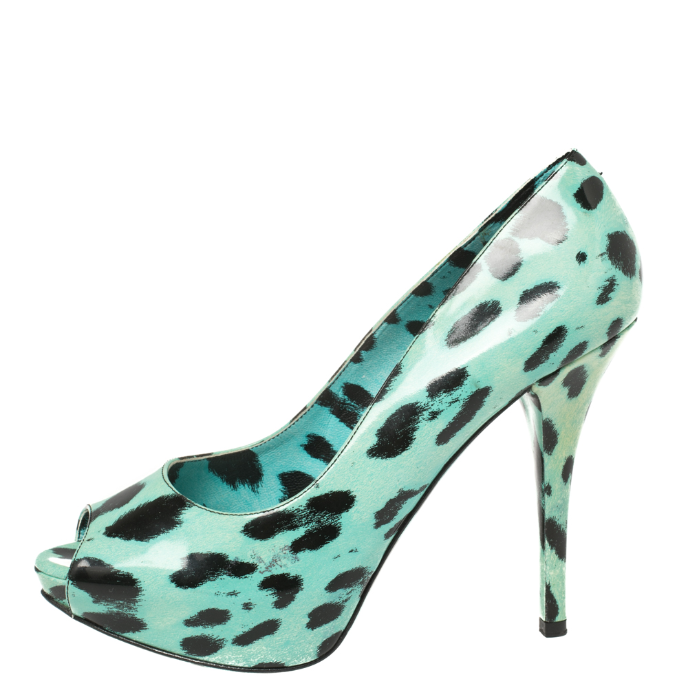 

Dolce & Gabbana Blue Animal Print Patent Leather Peep Toe Pumps Size