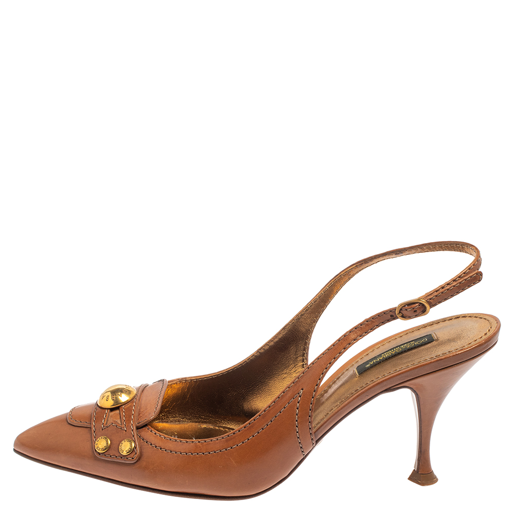 

Dolce & Gabbana Brown Leather Logo Pointed Toe Slingback Pumps Size