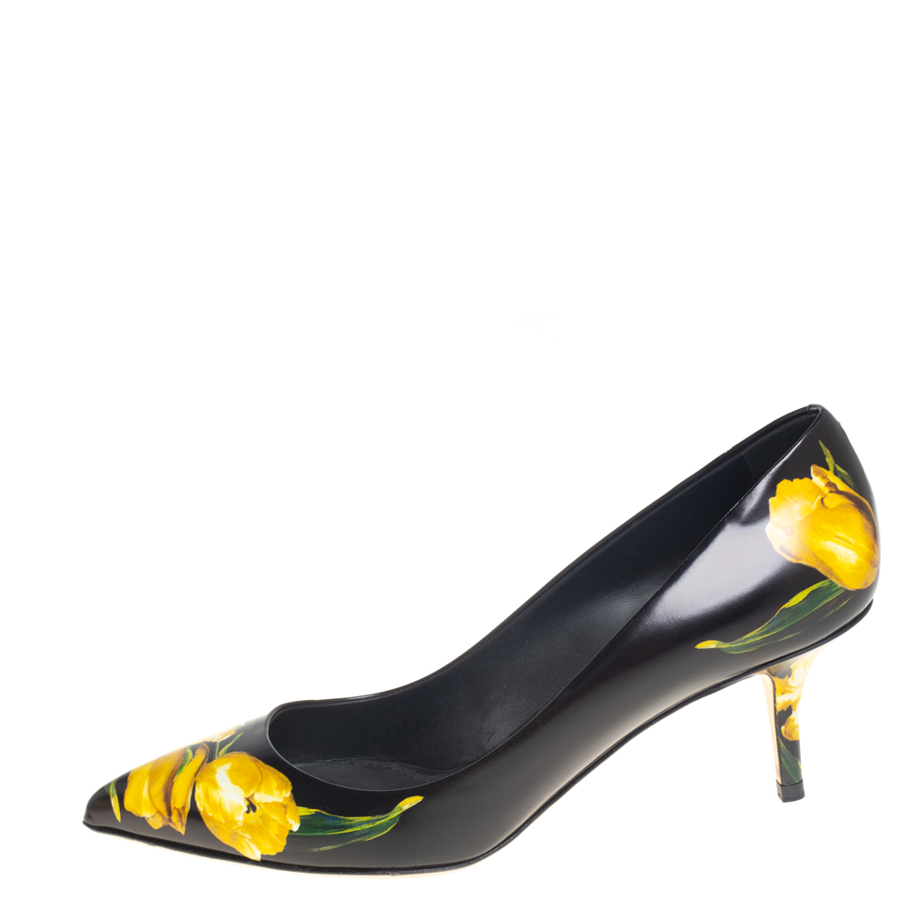 

Dolce & Gabbana Black/Yellow Leather Tulip Print Pointed Toe Pump Size