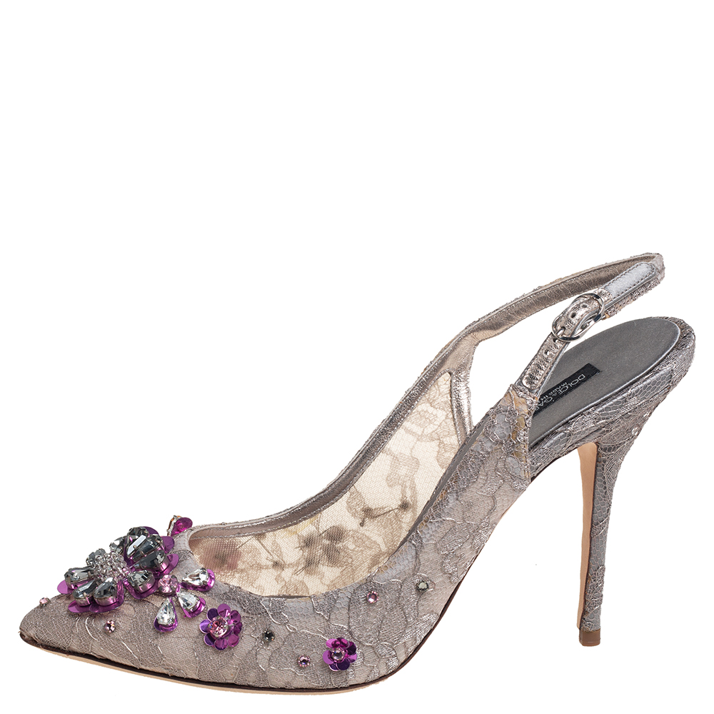 

Dolce & Gabbana Grey Lace Crystal Embellishment Slingback Sandals Size