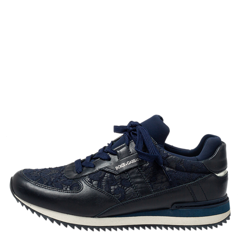 

Dolce & Gabbana Blue/ Black Lace And Leather Low Top Sneakers Size
