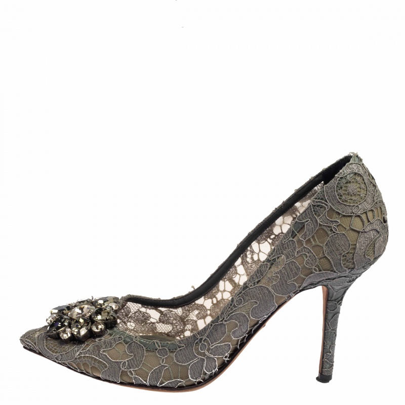 

Dolce & Gabbana Grey Lace Bellucci Crystal Embellished Pumps Size