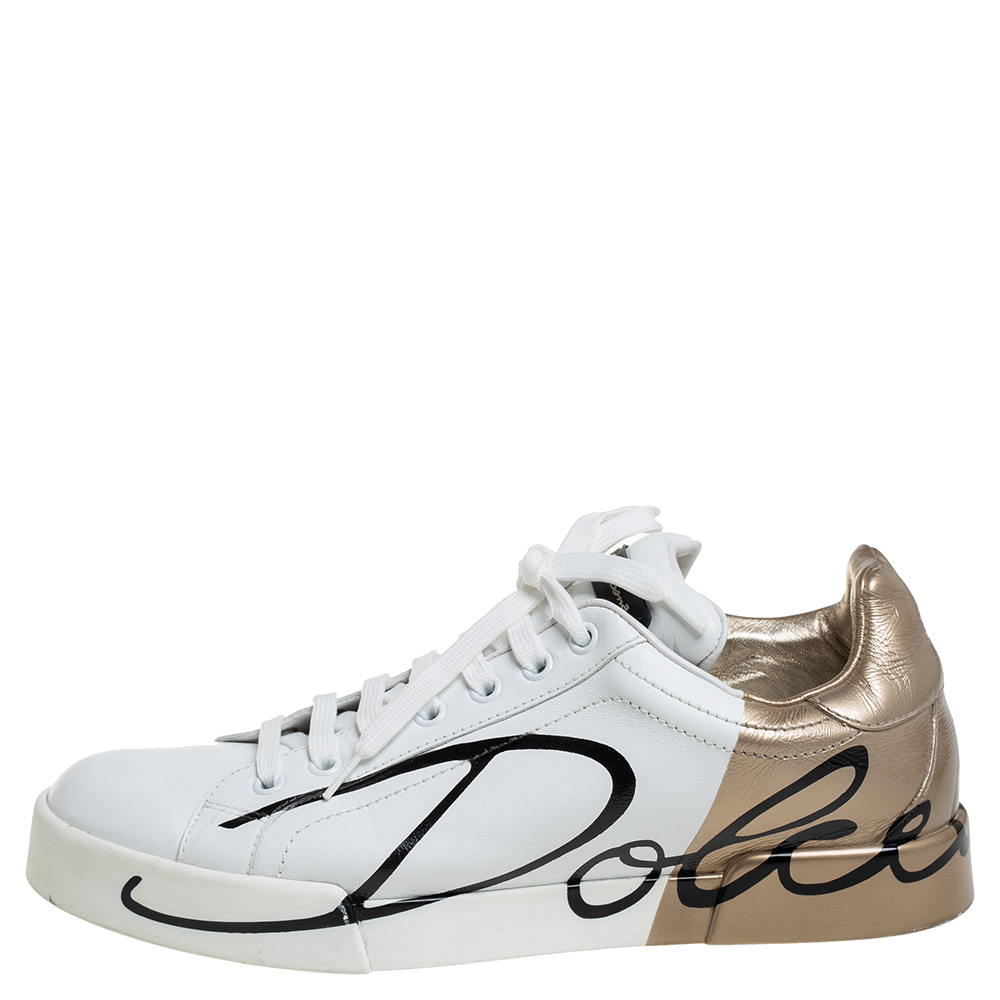 

Dolce & Gabbana White/Gold Printed Leather Low Top Sneakers Size