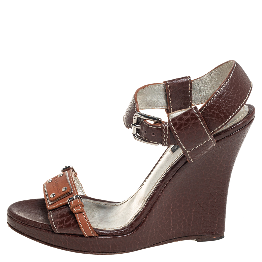 

Dolce & Gabbana Brown Textured Leather Wedge Ankle Strap Sandals Size