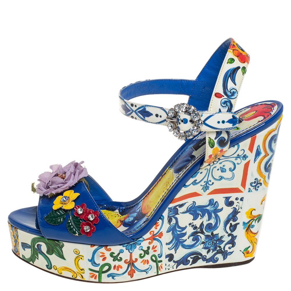 

Dolce & Gabbana Multicolor Floral Printed Leather Wedge Platform Ankle Strap Sandals Size