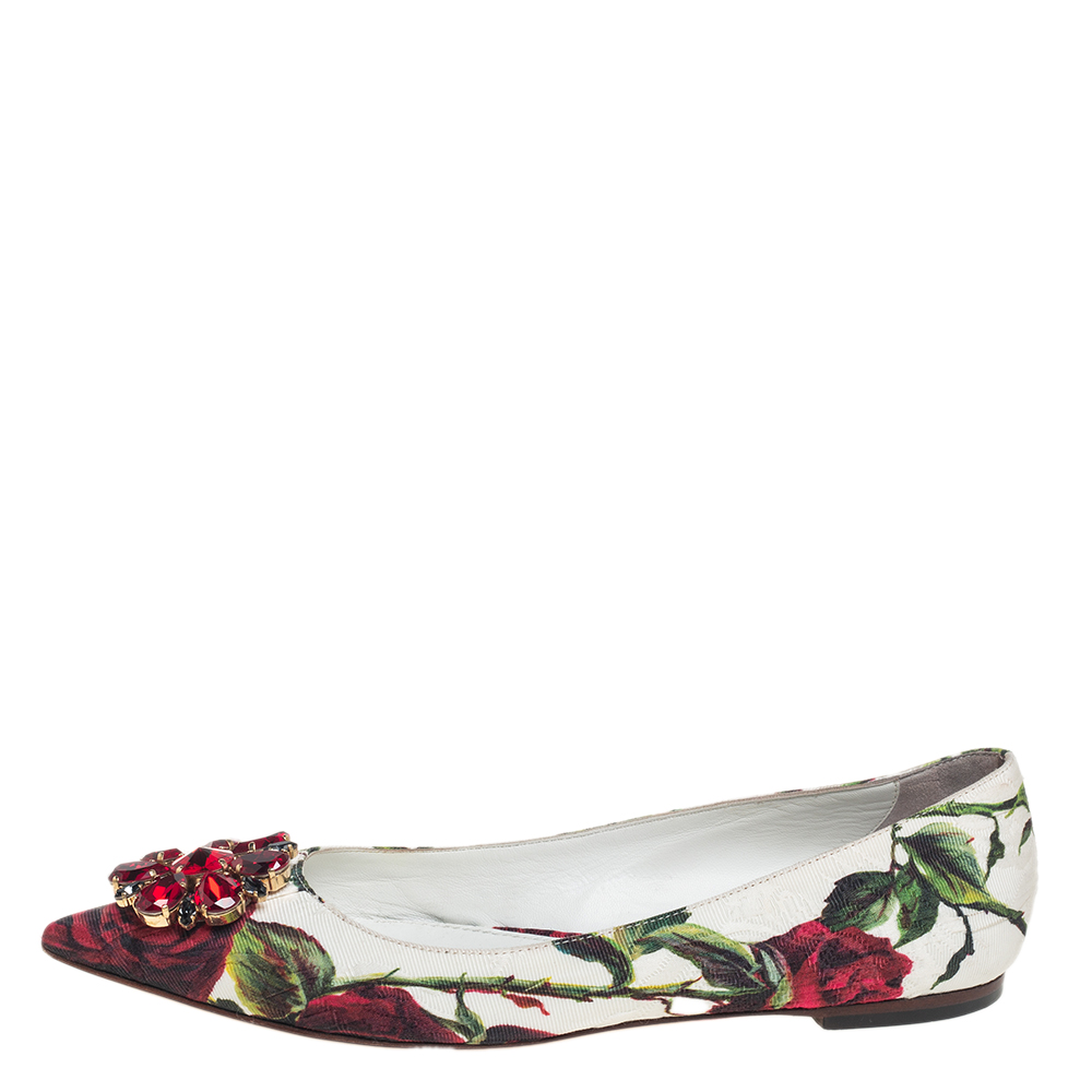 

Dolce & Gabbana White Jacquard Rose Print Bellucci Ballet Flats Size