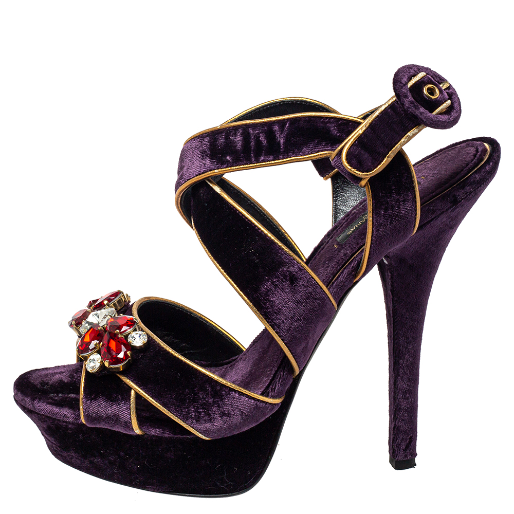 

Dolce & Gabbana Purple Velvet And Leather Crystal Embellished Sandals Size