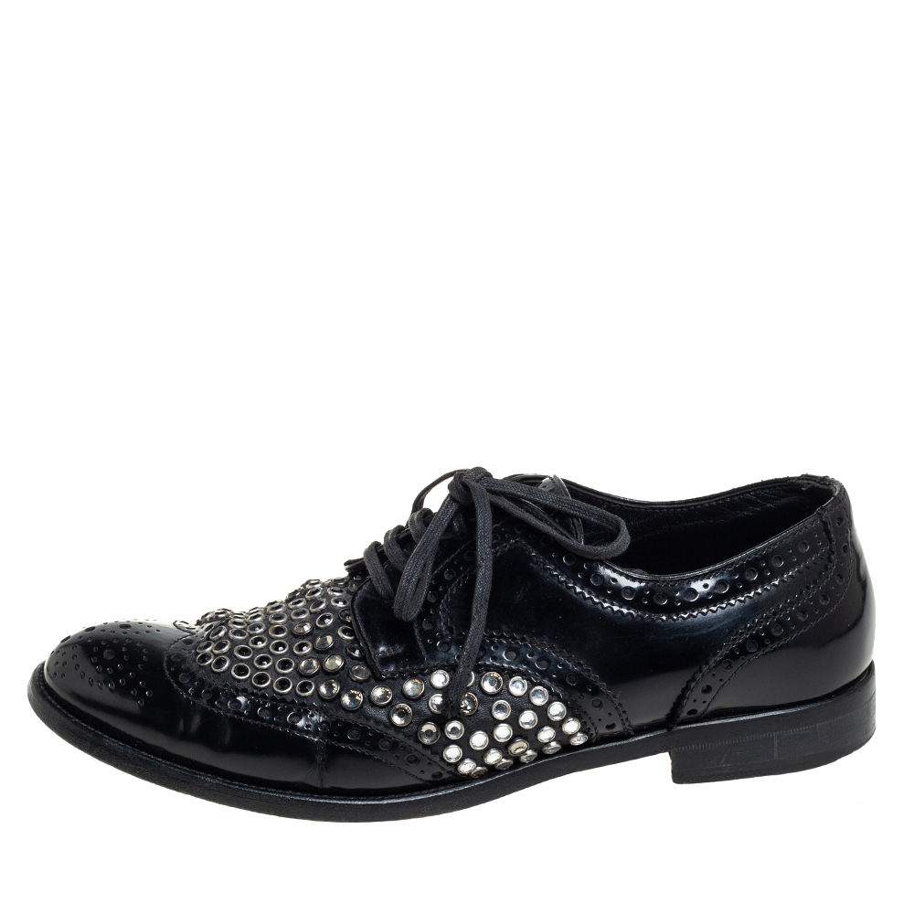 

Dolce & Gabbana Black Brogue Leather Studded Embellished Lace Oxfords Size